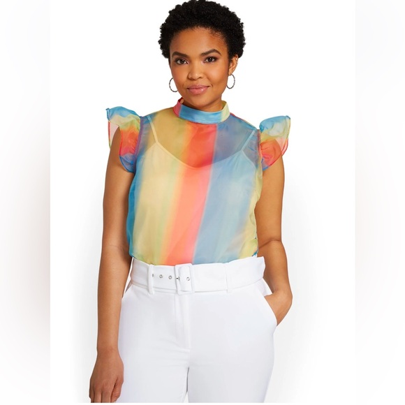 Striped Organza Flutter Sleeve Top - Picture 2 of 5